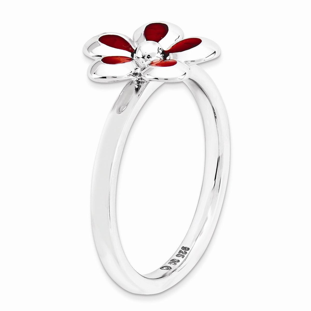 Alternate view of the Sterling Silver Stackable Red Enameled Flower Ring by The Black Bow Jewelry Co.