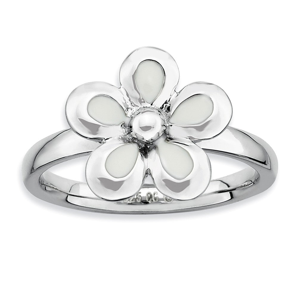 Sterling Silver Stackable White Enameled Flower Ring, Item R9453 by The Black Bow Jewelry Co.