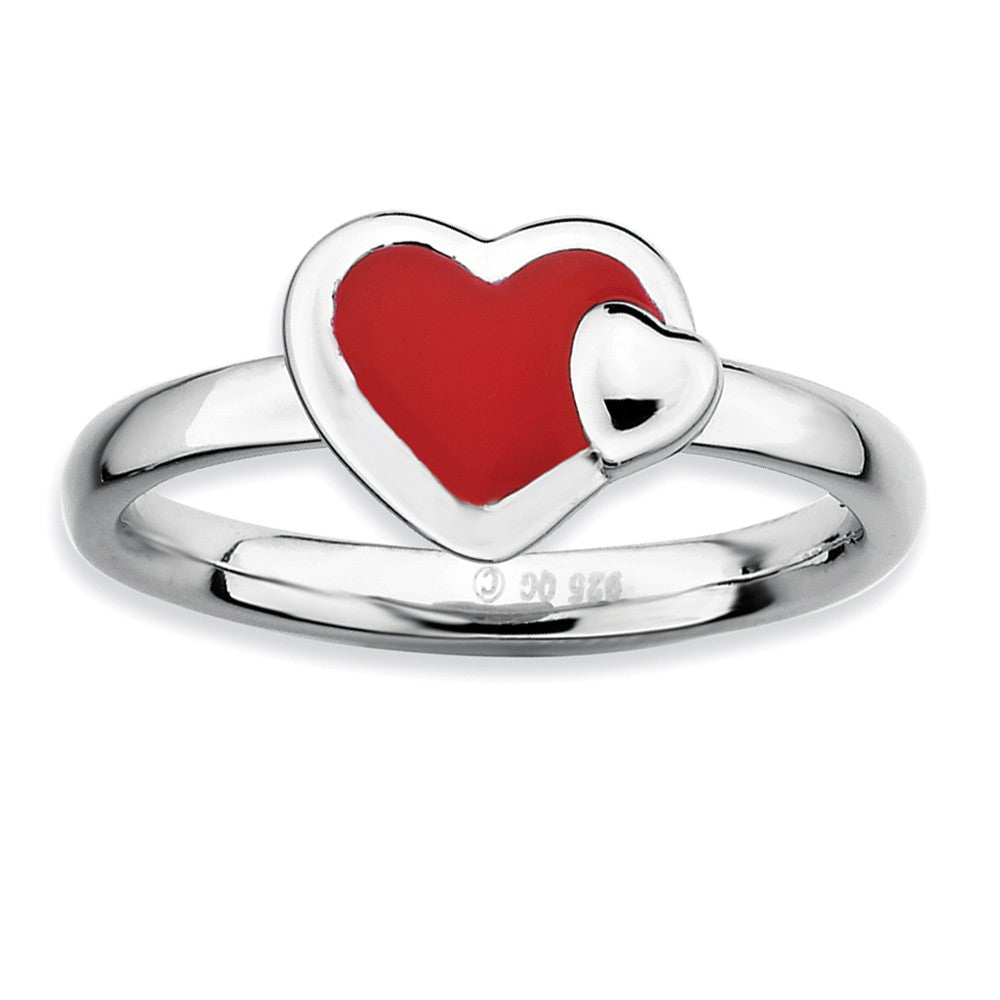 Sterling Silver Stackable Red Enameled Heart Ring, Item R9454 by The Black Bow Jewelry Co.