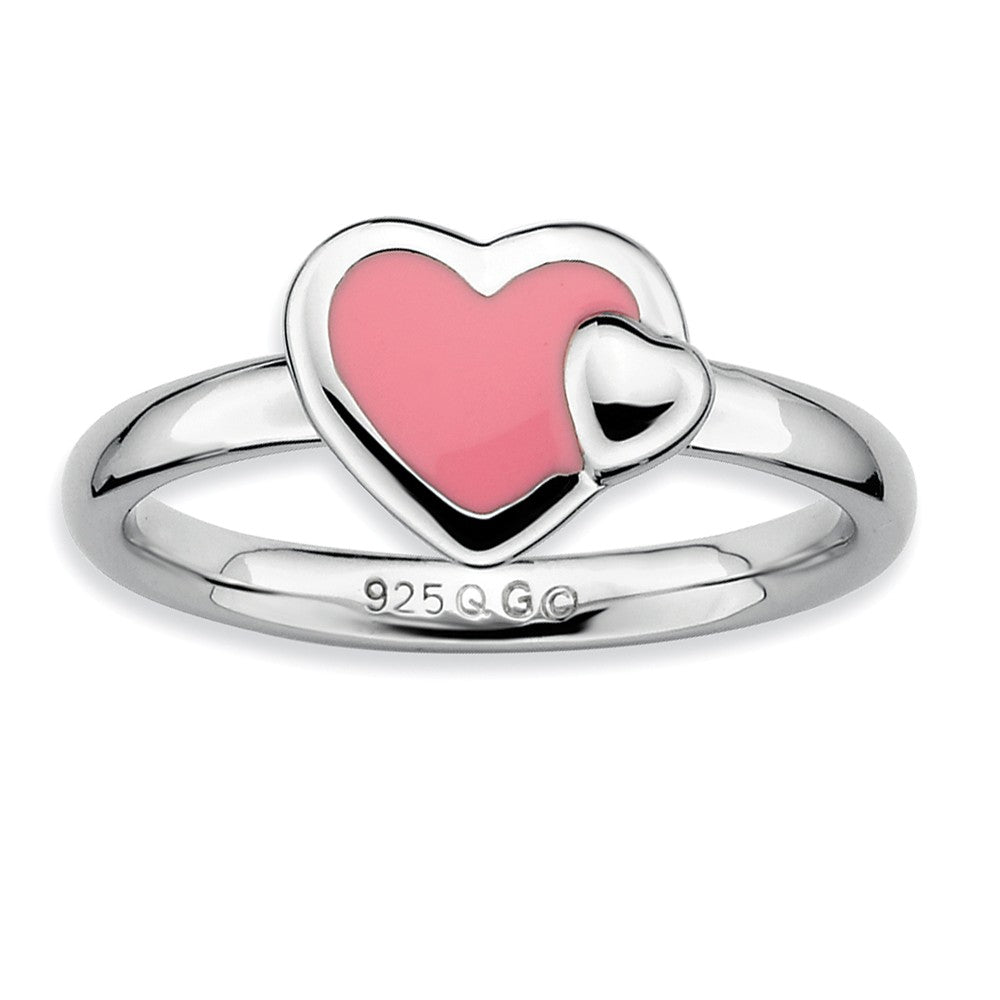 Sterling Silver Stackable Pink Enameled Heart Ring, Item R9455 by The Black Bow Jewelry Co.