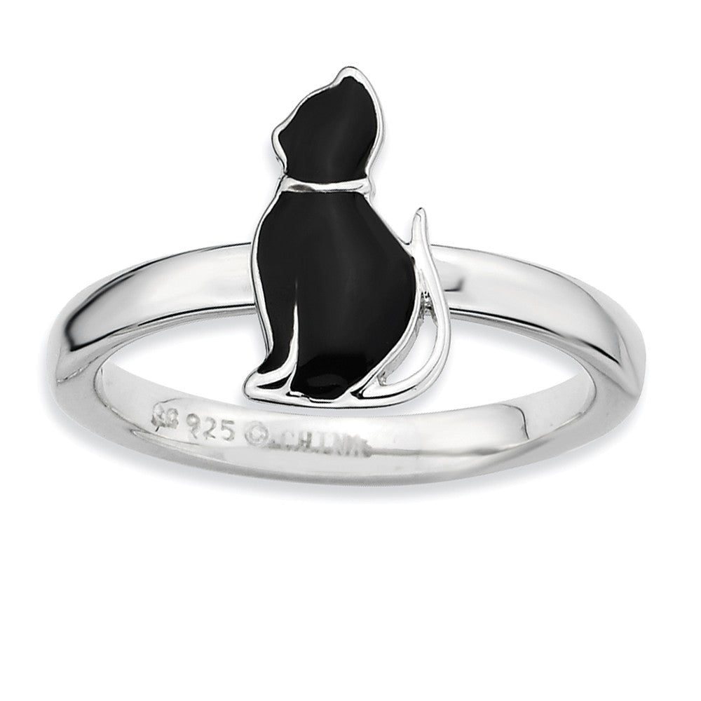 Sterling Silver Stackable Black Enameled Side Kitty Ring, Item R9457 by The Black Bow Jewelry Co.