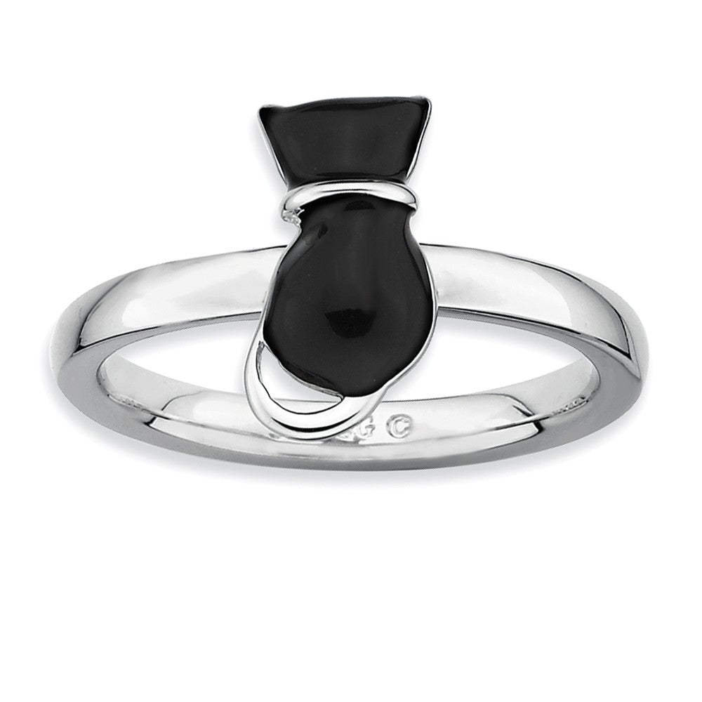 Sterling Silver Stackable Black Enameled Cat Ring, Item R9458 by The Black Bow Jewelry Co.