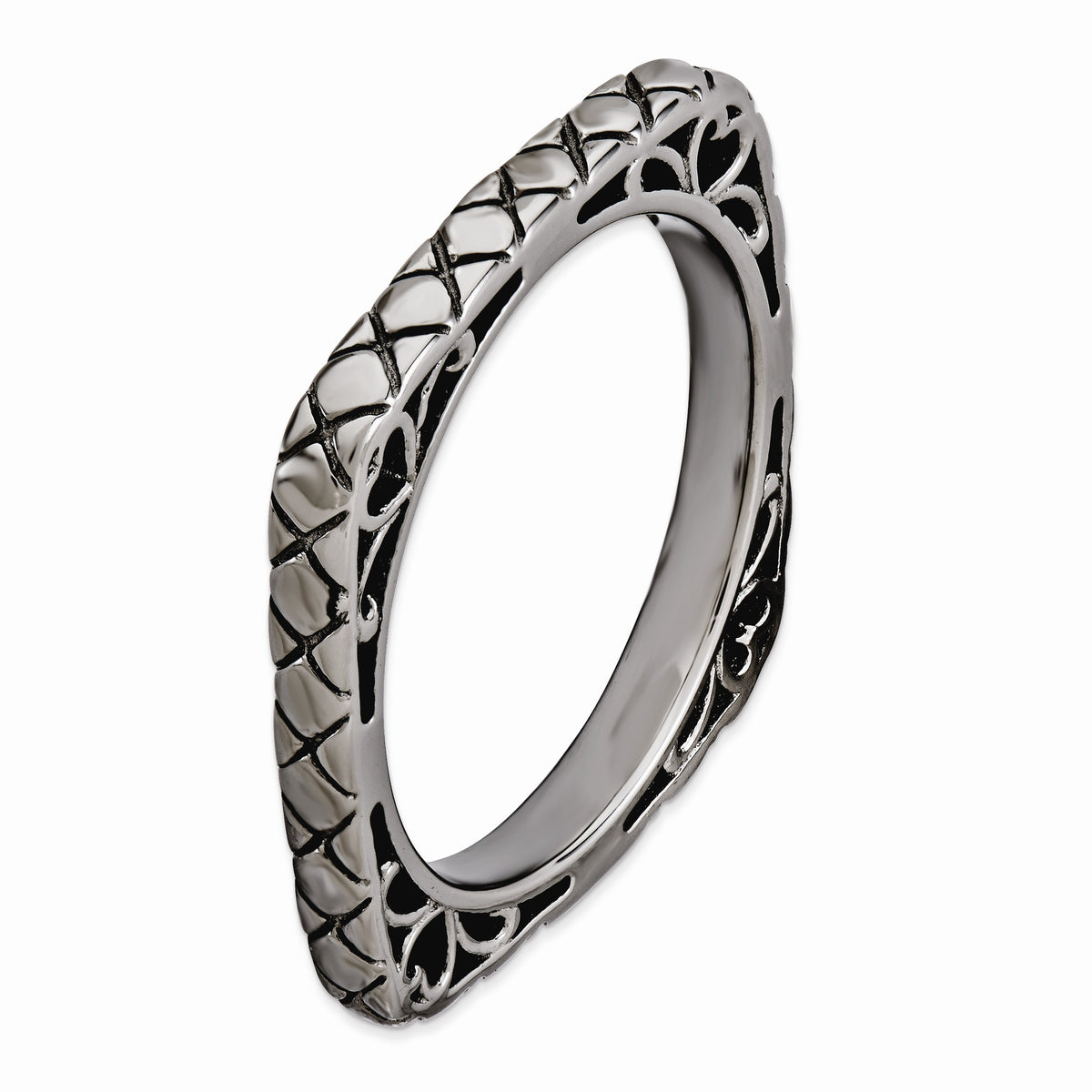 Alternate view of the 2.25mm Stackable Black Plated Silver Square Snake Skin Band by The Black Bow Jewelry Co.
