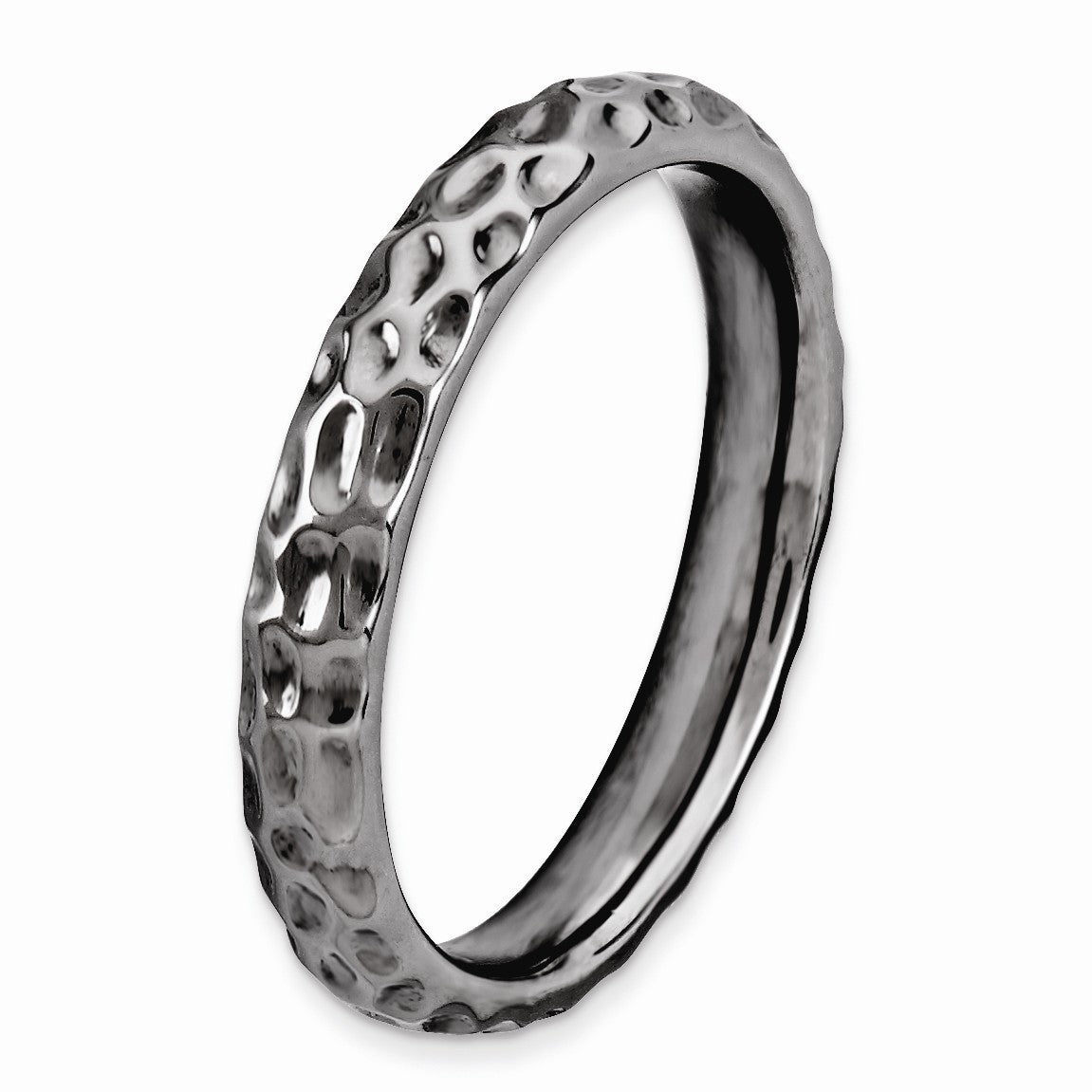 Alternate view of the 3.25mm Stackable Black Plated Silver Hammered Band by The Black Bow Jewelry Co.