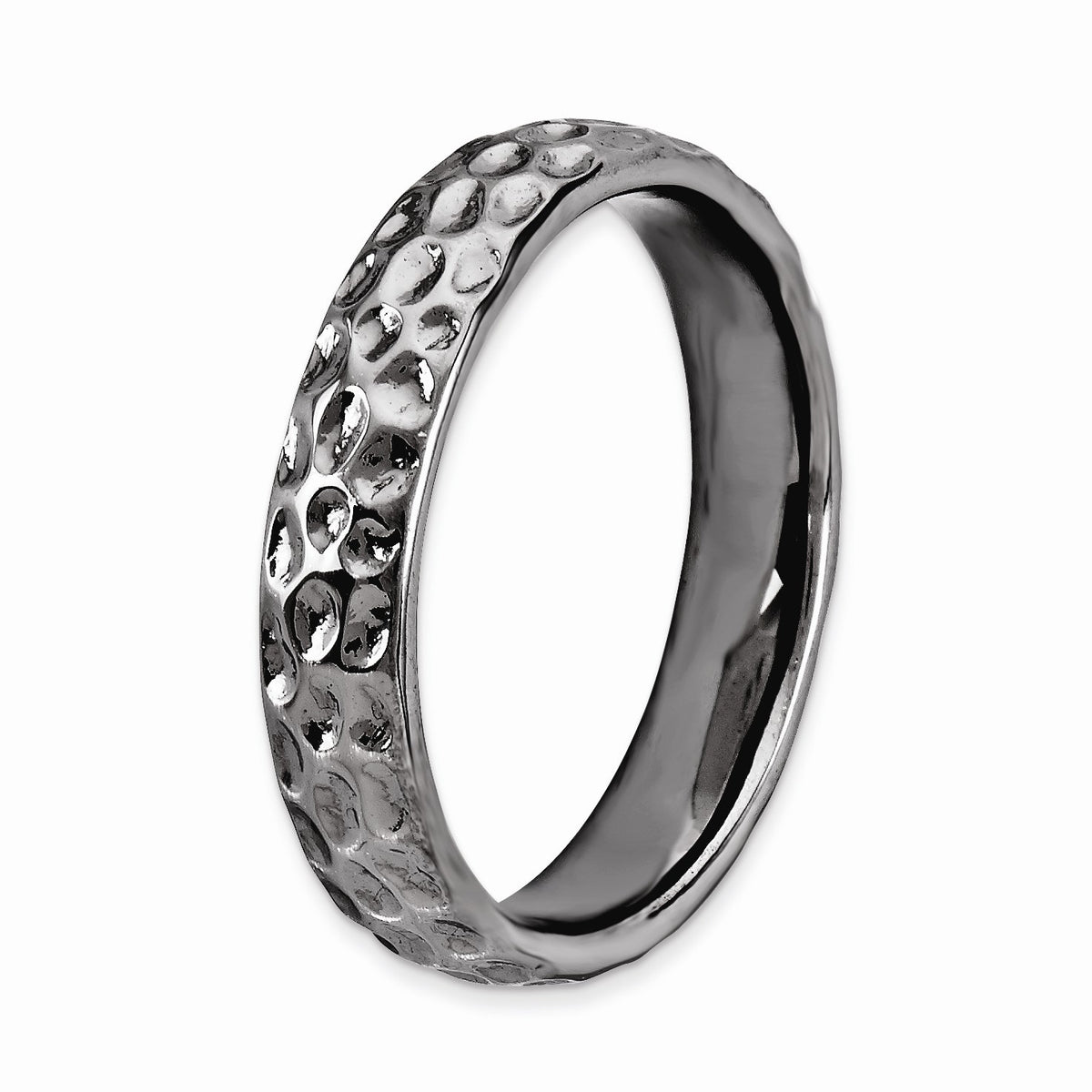 Alternate view of the 4.5mm Stackable Black Plated Silver Hammered Band by The Black Bow Jewelry Co.