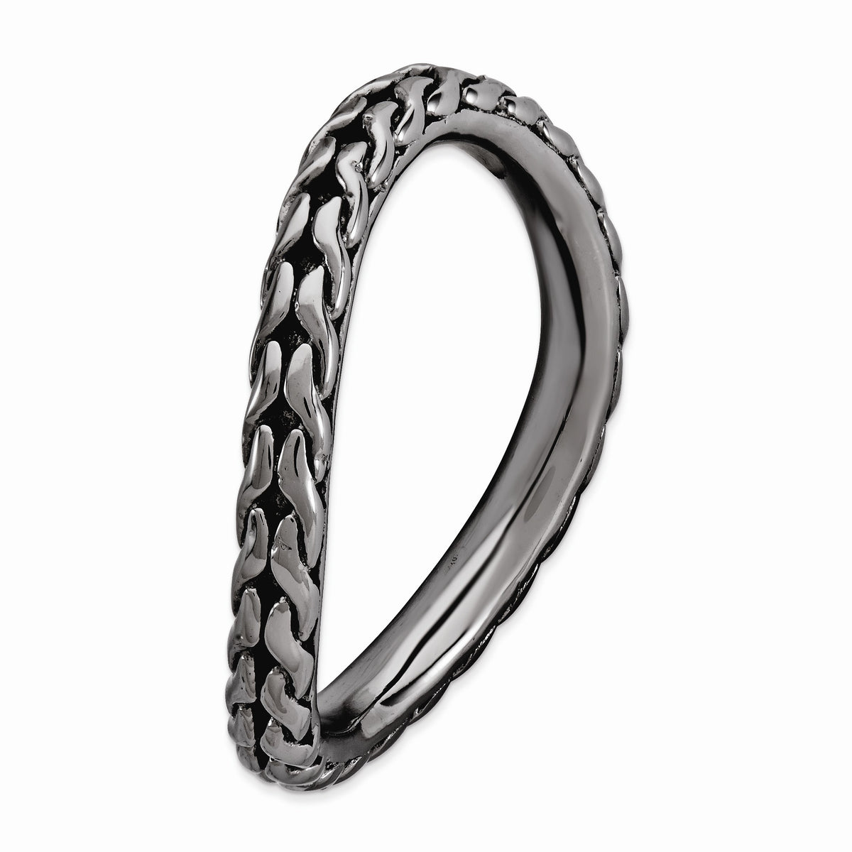 Alternate view of the 2.25mm Stackable Black Plated Silver Curved Wheat Pattern Band by The Black Bow Jewelry Co.