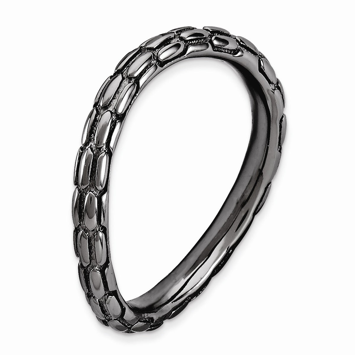 Alternate view of the 2.25mm Stackable Black Plated Silver Curved Dragon Skin Band by The Black Bow Jewelry Co.