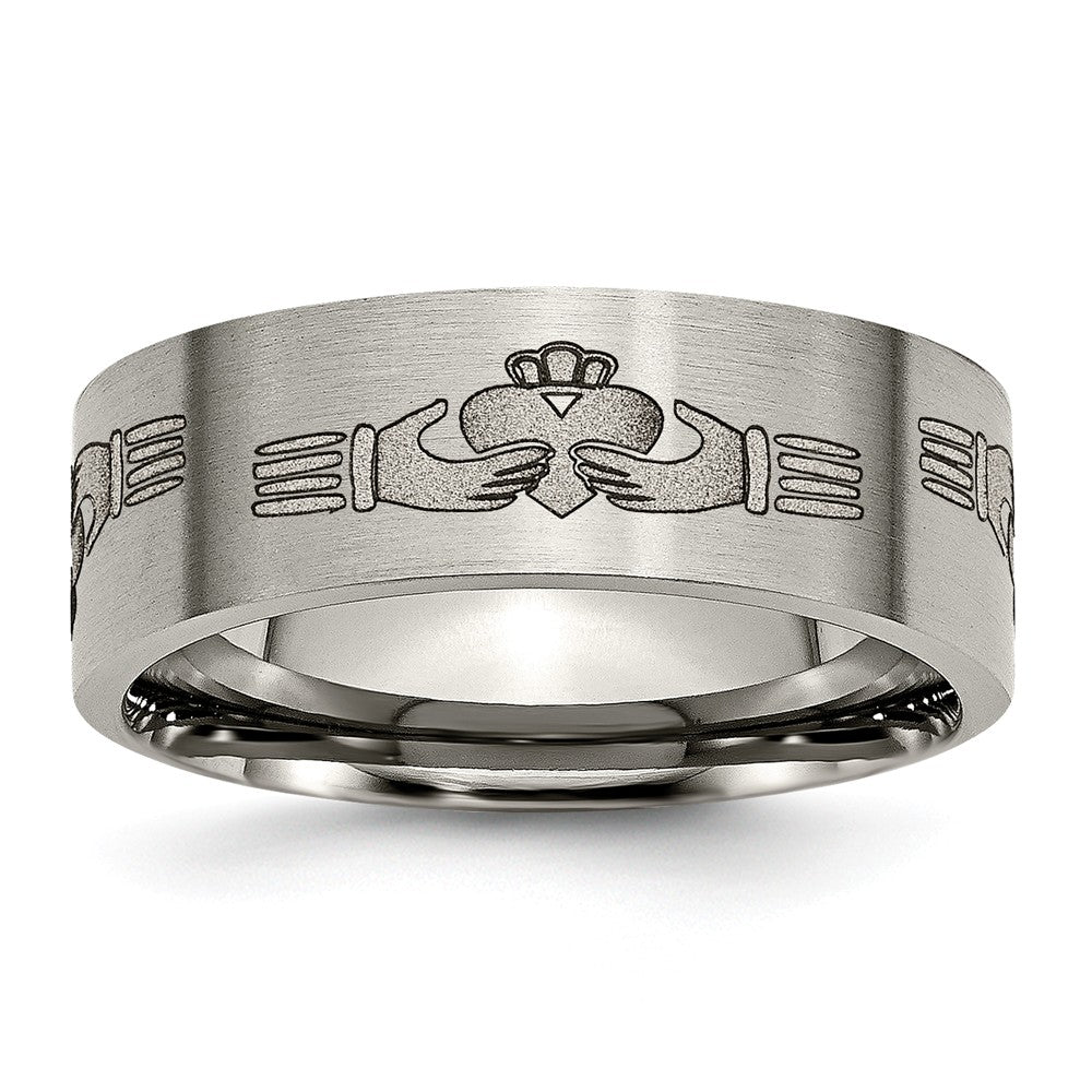 Titanium Flat 8mm Brushed Claddagh Standard Fit Band, Item R9759 by The Black Bow Jewelry Co.