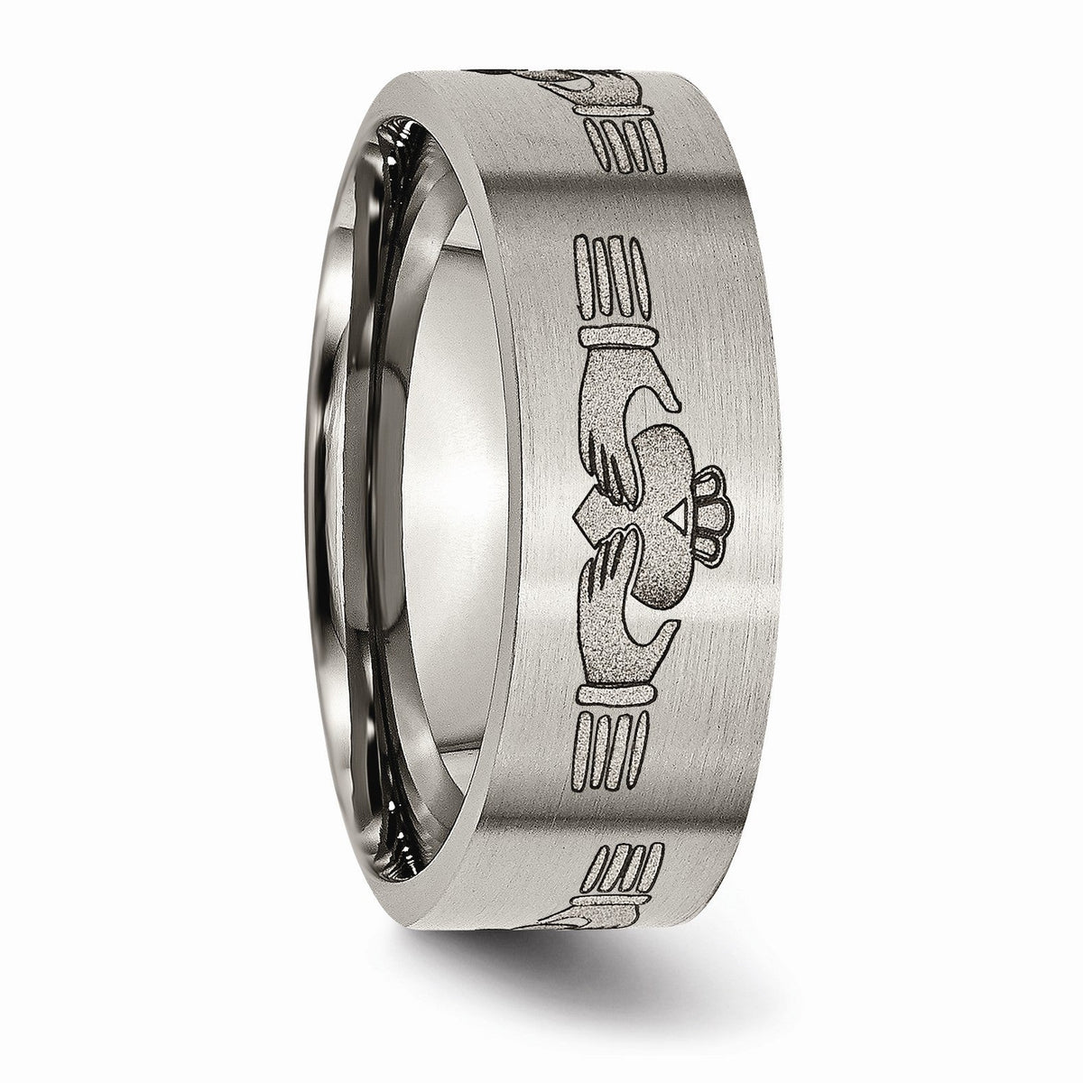 Alternate view of the Titanium Flat 8mm Brushed Claddagh Standard Fit Band by The Black Bow Jewelry Co.
