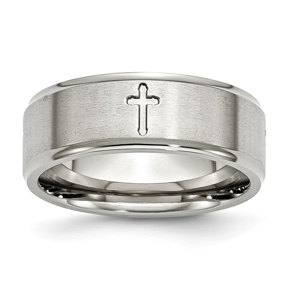 Stainless Steel Ridged Edge 8mm Cross Comfort Fit Band, Item R9794 by The Black Bow Jewelry Co.