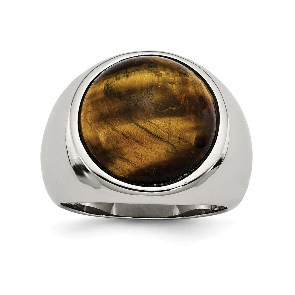 Men&#39;s Large 20mm Stainless Steel Tiger&#39;s Eye Tapered Ring, Item R9804 by The Black Bow Jewelry Co.
