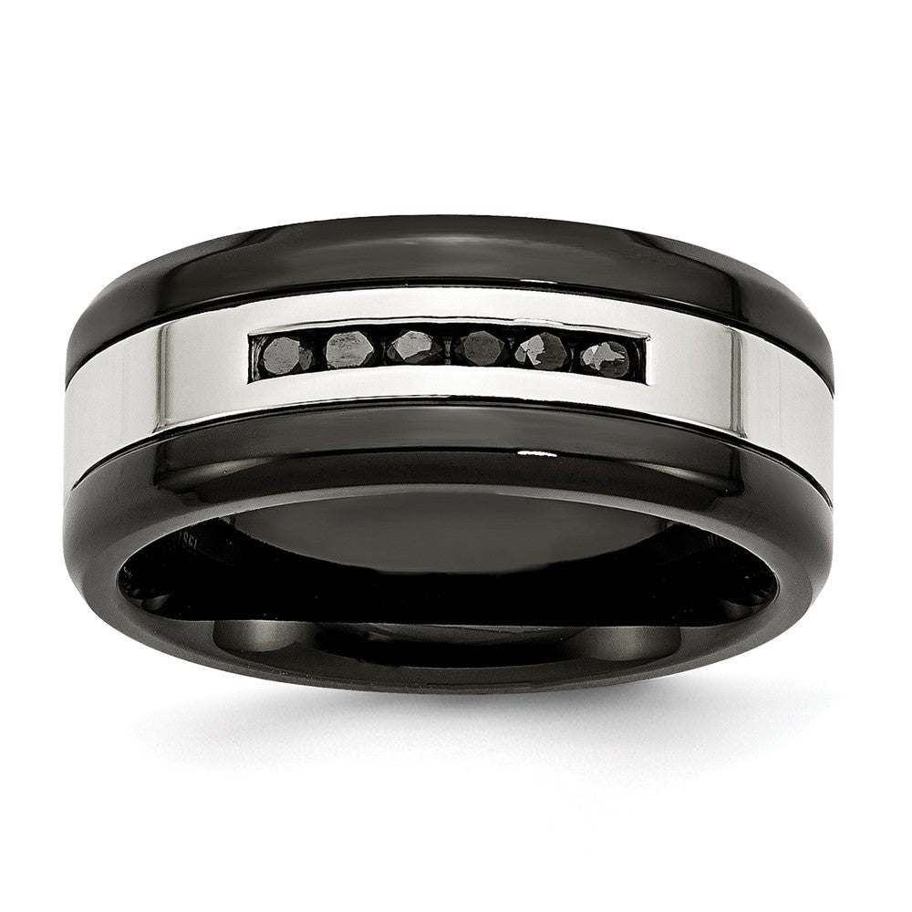 9mm Two Tone Stainless Steel &amp; .24 Ctw Black Diamond Comfort Fit Band, Item R9805 by The Black Bow Jewelry Co.