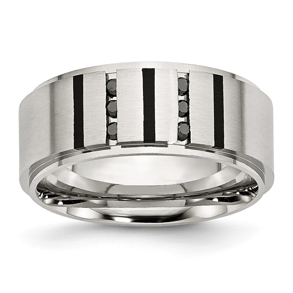 9mm Stainless Steel &amp; 1/6 Ctw Black Diamond Ridge Comfort Fit Band, Item R9808 by The Black Bow Jewelry Co.