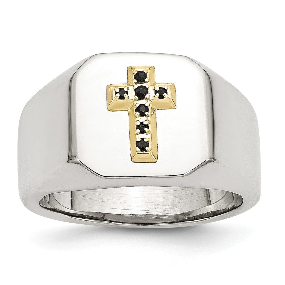 Stainless Steel 14K Yellow Gold Accent w Sapphires Cross Ring, Item R9812 by The Black Bow Jewelry Co.