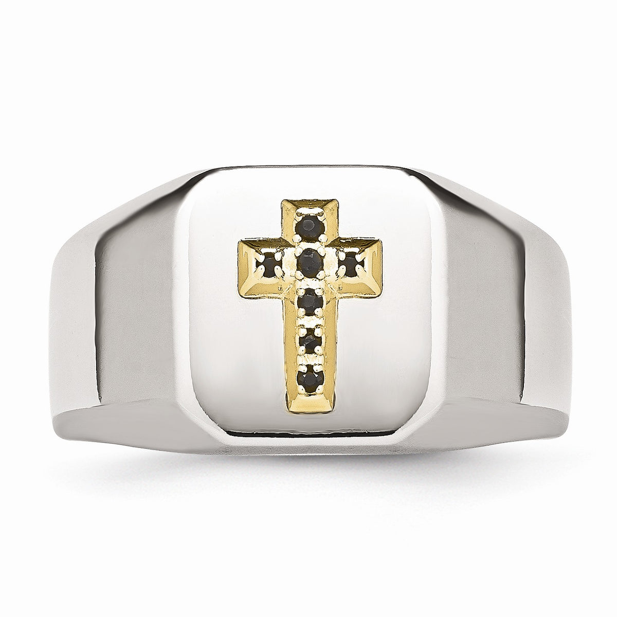 Alternate view of the Stainless Steel 14K Yellow Gold Accent w Sapphires Cross Ring by The Black Bow Jewelry Co.