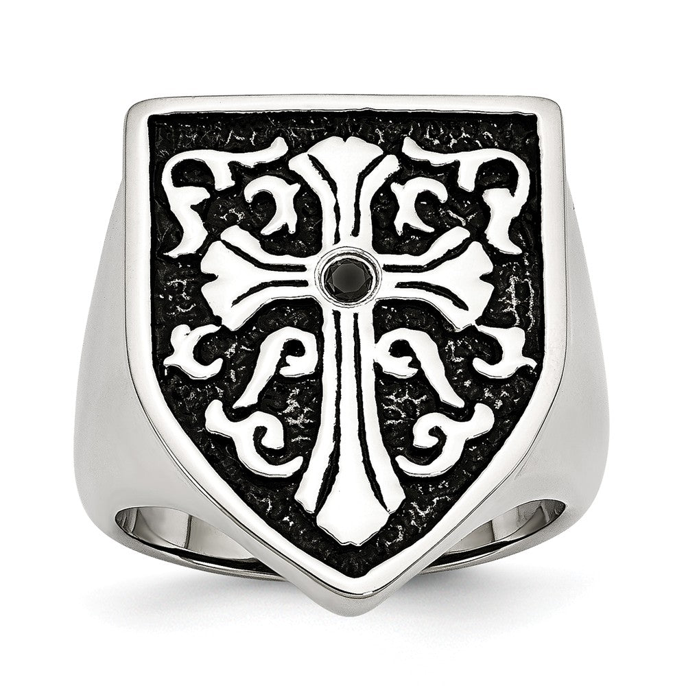 Stainless Steel And Black Diamond Cross Shield Ring, Item R9814 by The Black Bow Jewelry Co.