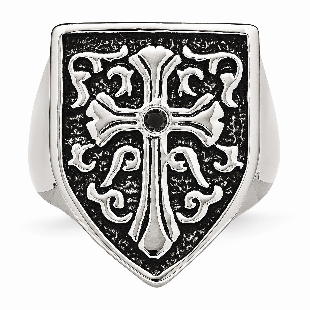 Alternate view of the Stainless Steel And Black Diamond Cross Shield Ring by The Black Bow Jewelry Co.