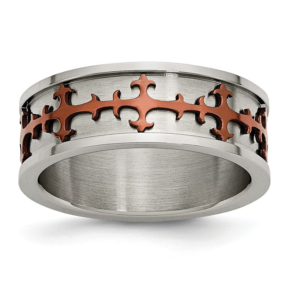 8mm Stainless Steel Cognac Plated Cross Band, Item R9816 by The Black Bow Jewelry Co.