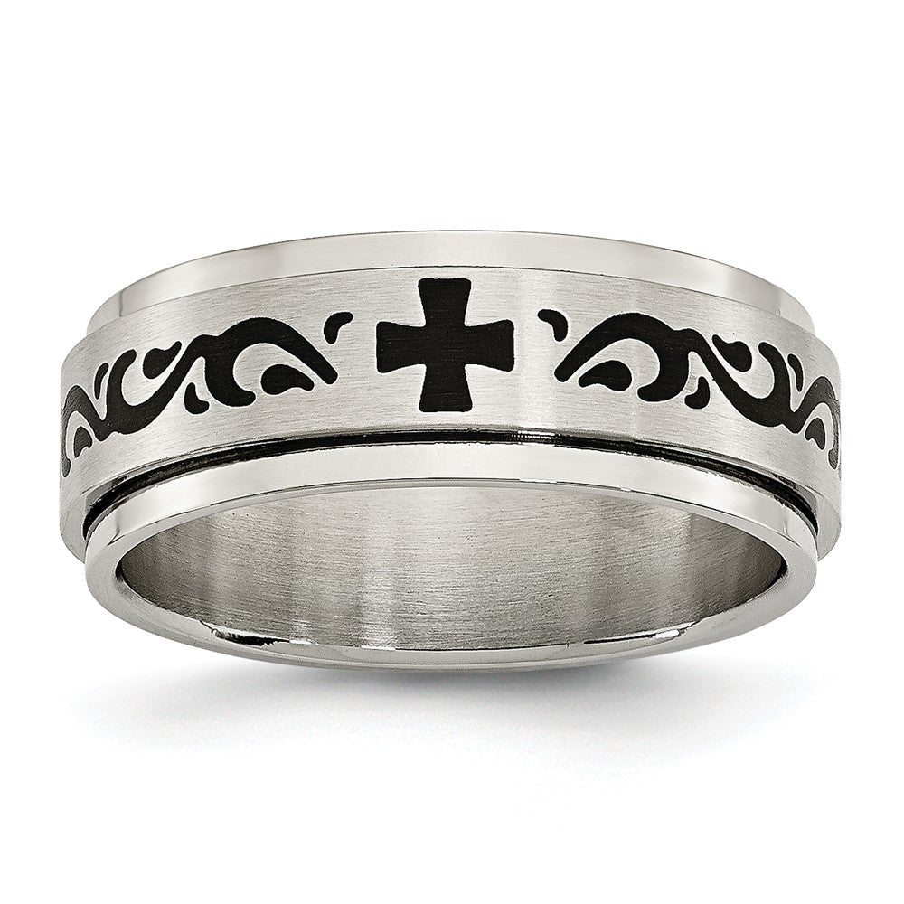 7mm Stainless Steel And Black Enamel Spinner Ring, Item R9817 by The Black Bow Jewelry Co.