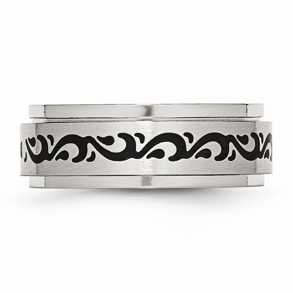 Alternate view of the 7mm Stainless Steel And Black Enamel Spinner Ring by The Black Bow Jewelry Co.