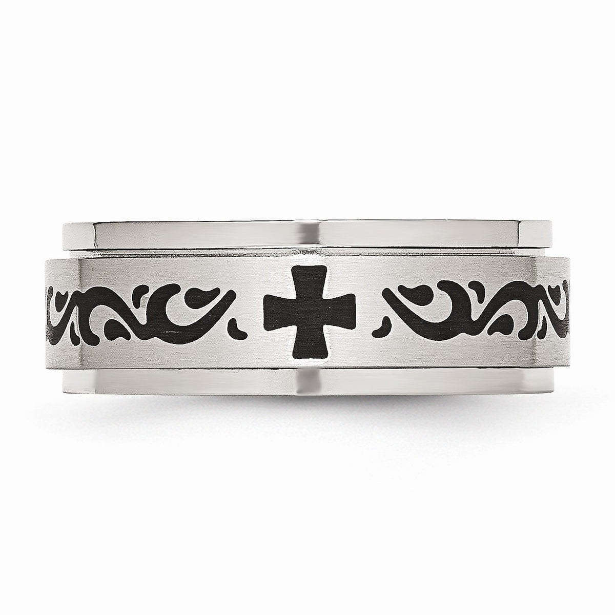 Alternate view of the 7mm Stainless Steel And Black Enamel Spinner Ring by The Black Bow Jewelry Co.
