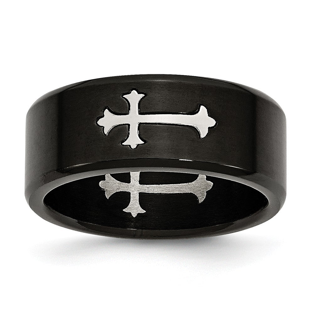 8mm Black-plated Stainless Steel Fleur-de-lis Cross Band, Item R9820 by The Black Bow Jewelry Co.