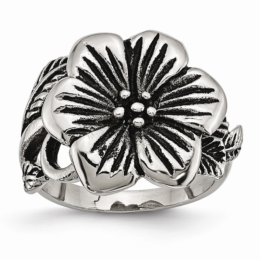 Stainless Steel Antiqued Floral Ring, Item R9827 by The Black Bow Jewelry Co.