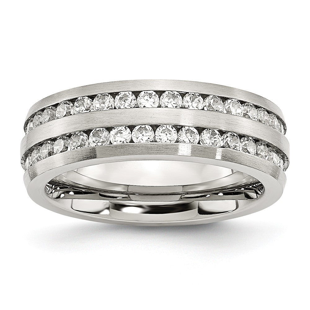 7mm Stainless Steel And Cubic Zirconia Double Row Band, Item R9835 by The Black Bow Jewelry Co.