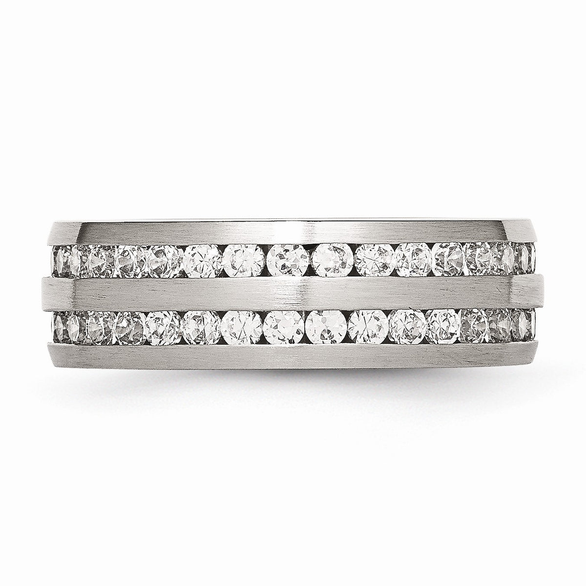 Alternate view of the 7mm Stainless Steel And Cubic Zirconia Double Row Band by The Black Bow Jewelry Co.