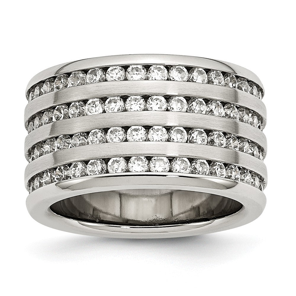 13mm Stainless Steel And Cubic Zirconia Multi Row Band, Item R9836 by The Black Bow Jewelry Co.