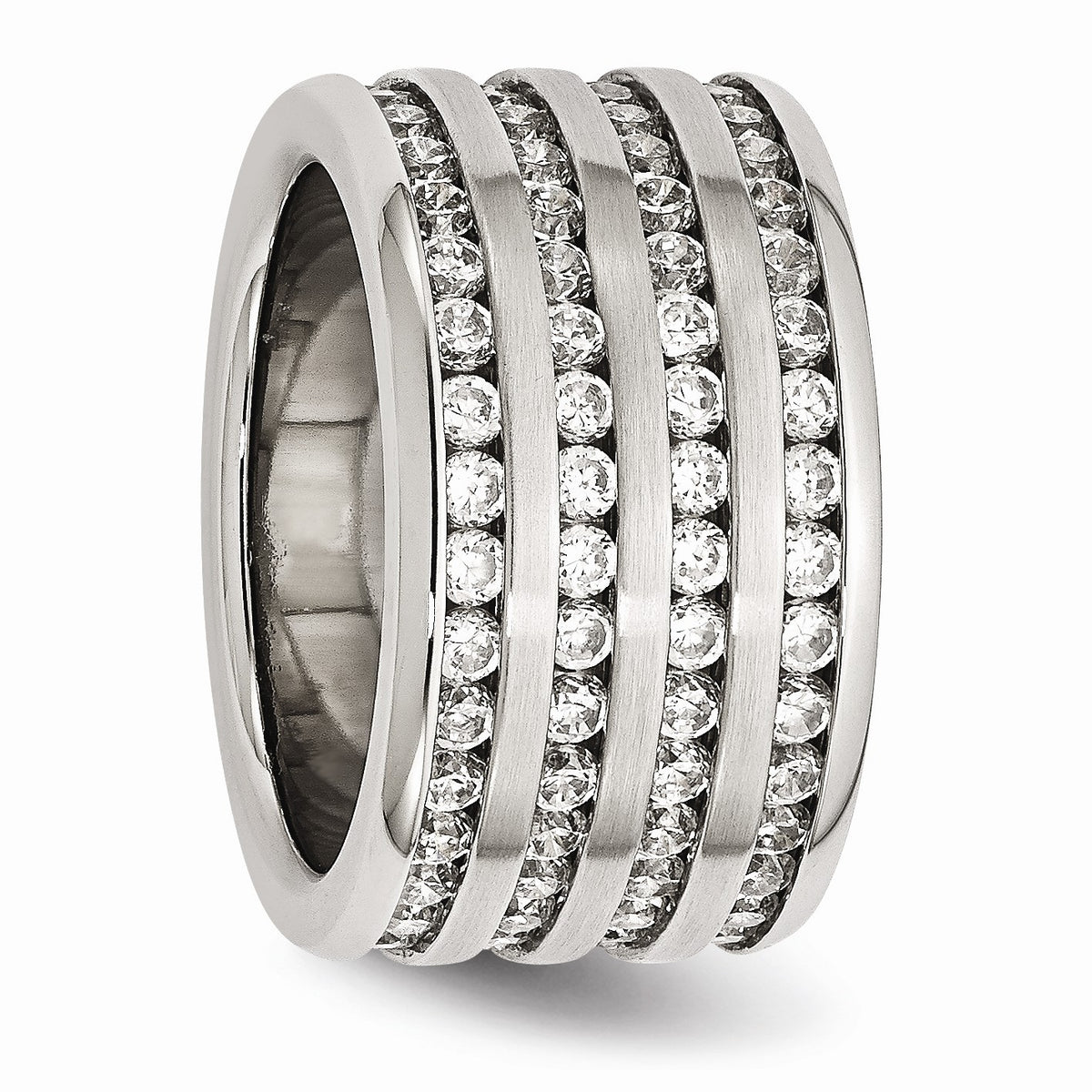 Alternate view of the 13mm Stainless Steel And Cubic Zirconia Multi Row Band by The Black Bow Jewelry Co.