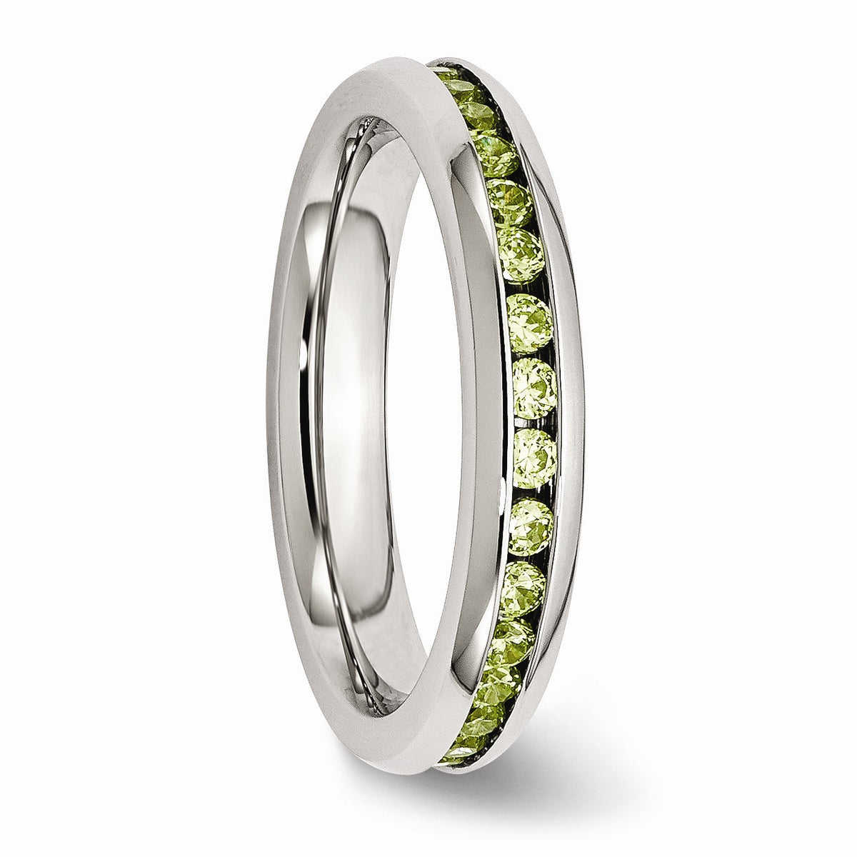 Alternate view of the 4mm Stainless Steel And Light Green Cubic Zirconia Stackable Band by The Black Bow Jewelry Co.