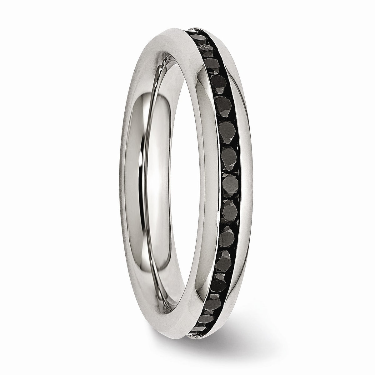 Alternate view of the 4mm Stainless Steel And Black Cubic Zirconia Stackable Band by The Black Bow Jewelry Co.