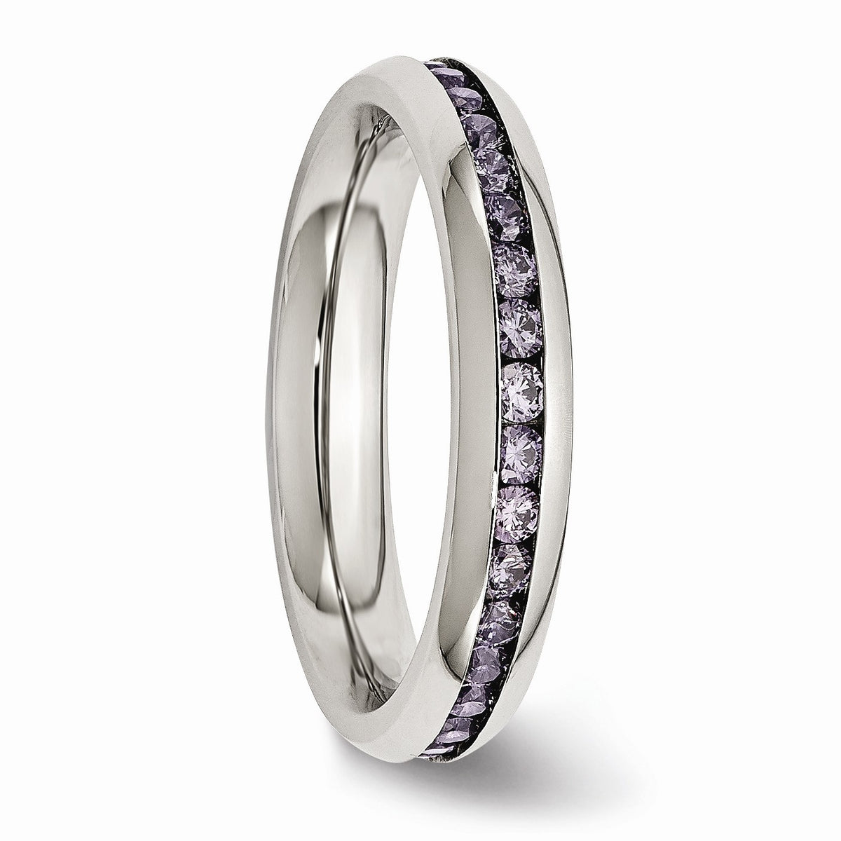 Alternate view of the 4mm Stainless Steel And Purple Cubic Zirconia Stackable Band by The Black Bow Jewelry Co.