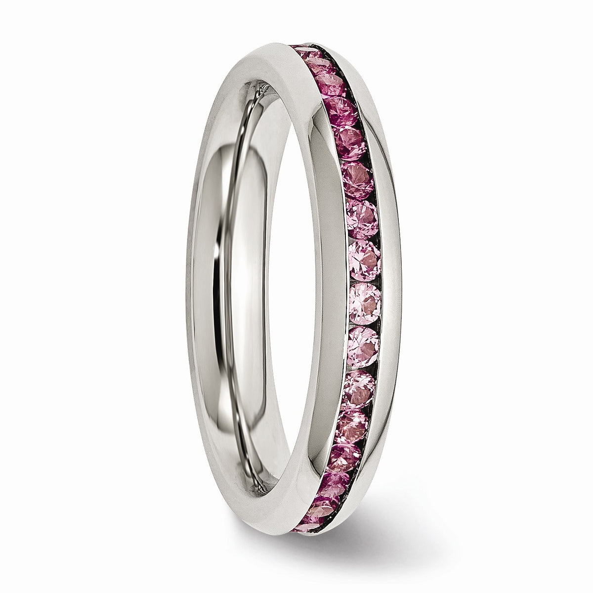 Alternate view of the 4mm Stainless Steel And Dark Pink Cubic Zirconia Stackable Band by The Black Bow Jewelry Co.