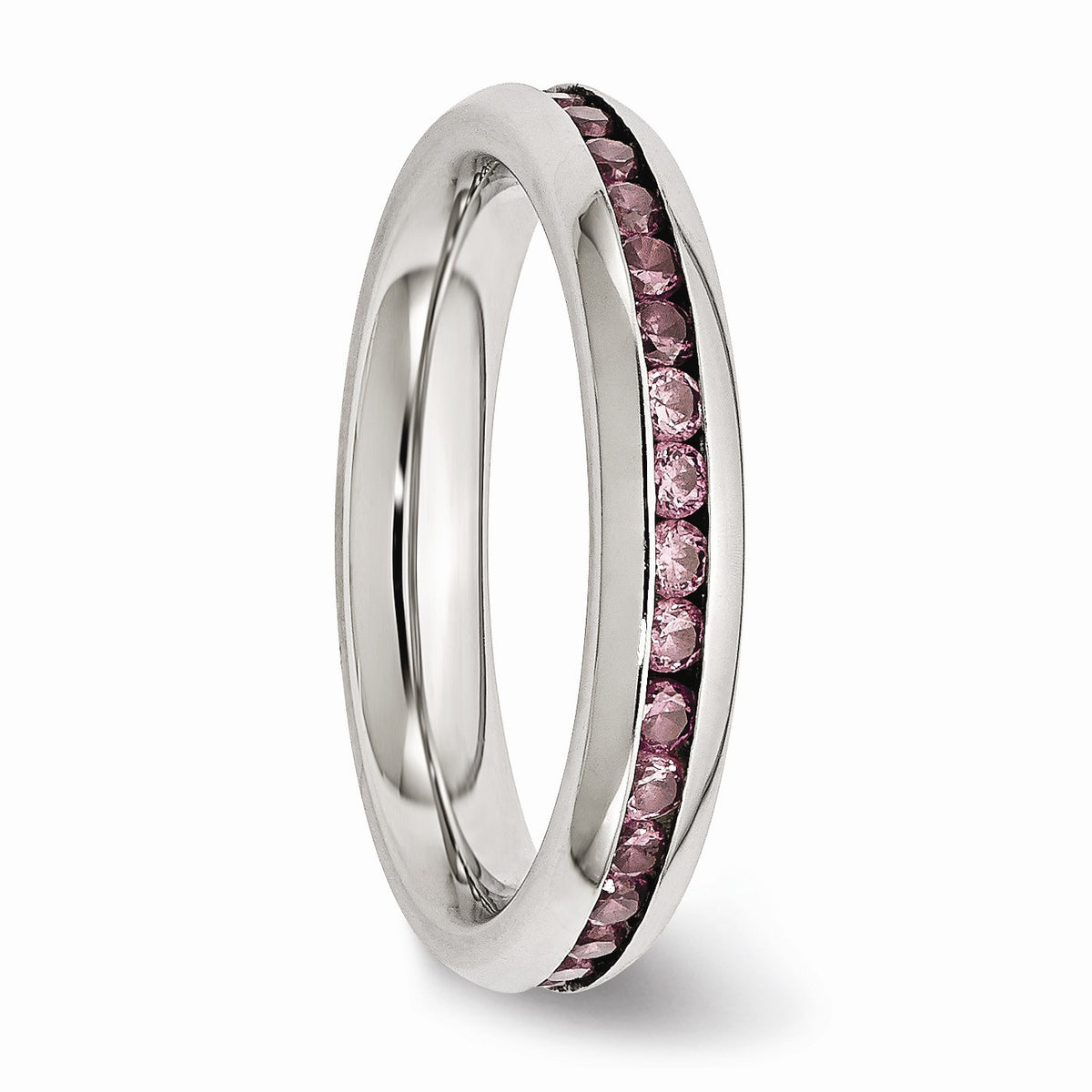 Alternate view of the 4mm Stainless Steel And Pink Cubic Zirconia Stackable Band by The Black Bow Jewelry Co.