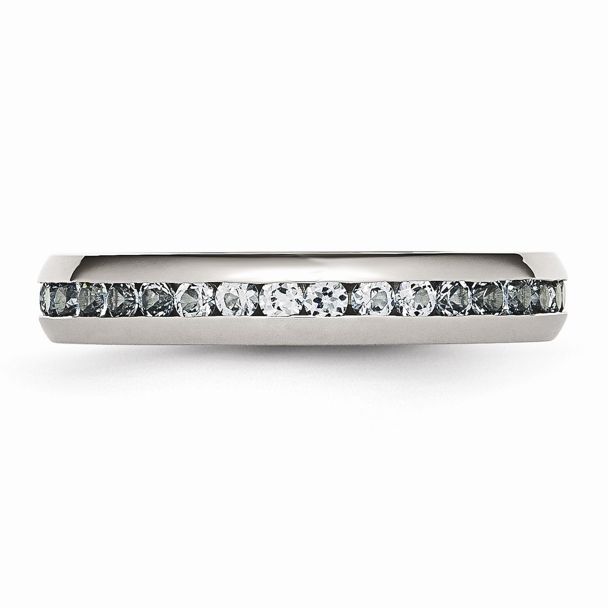 Alternate view of the 4mm Stainless Steel And Light Blue Cubic Zirconia Stackable Band by The Black Bow Jewelry Co.