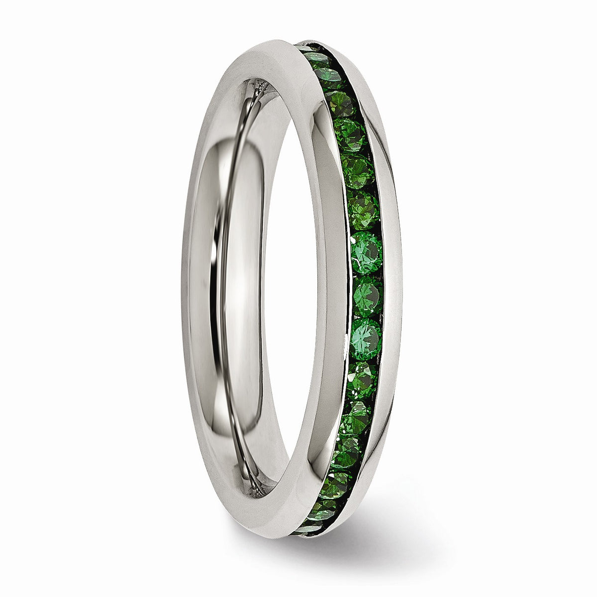 Alternate view of the 4mm Stainless Steel And Green Cubic Zirconia Stackable Band by The Black Bow Jewelry Co.