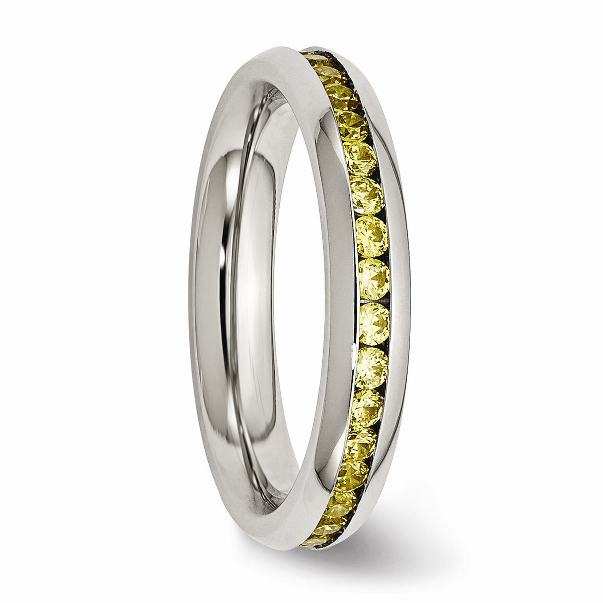 Alternate view of the 4mm Stainless Steel And Yellow Cubic Zirconia Stackable Band by The Black Bow Jewelry Co.