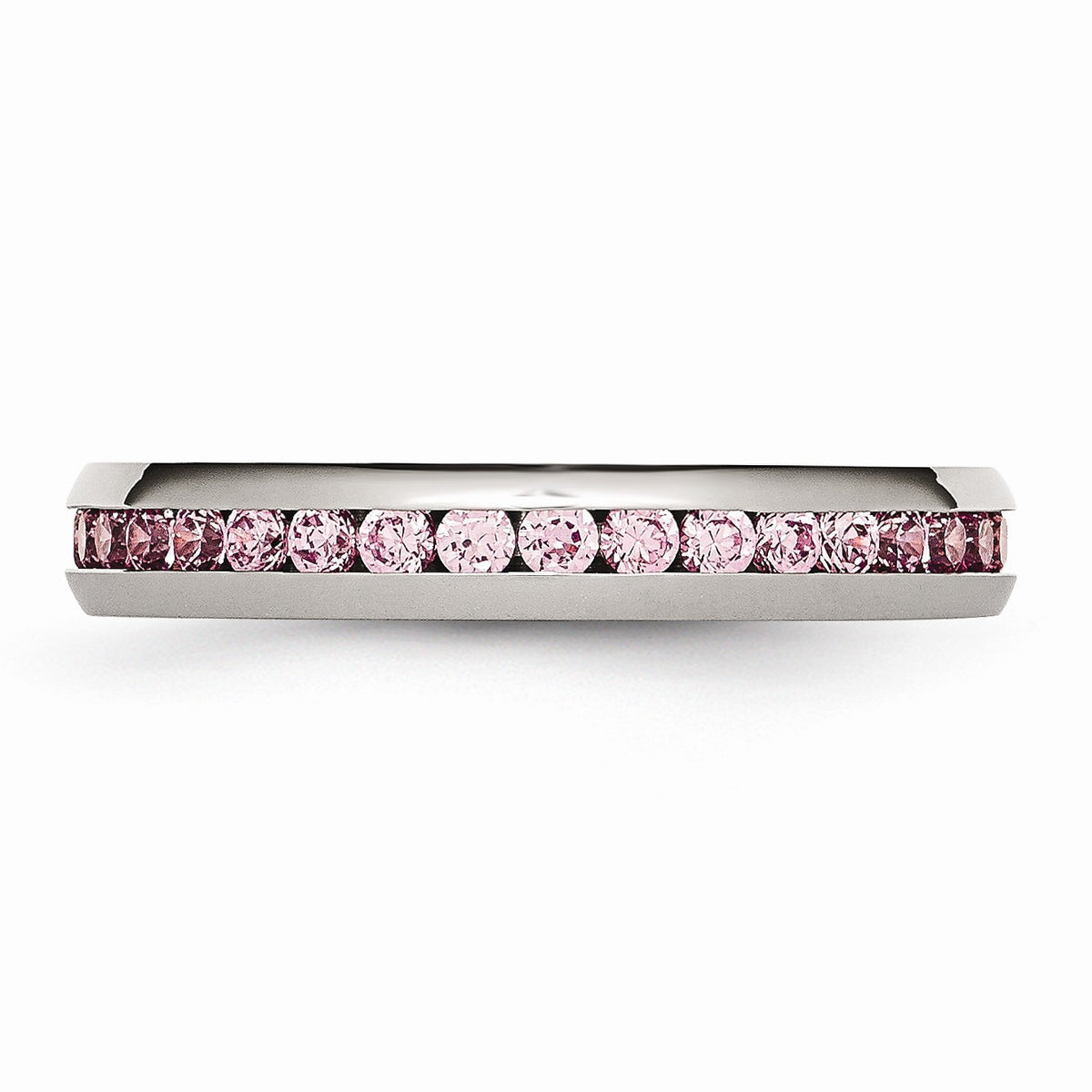 Alternate view of the 4mm Stainless Steel And Light Pink Cubic Zirconia Stackable Band by The Black Bow Jewelry Co.