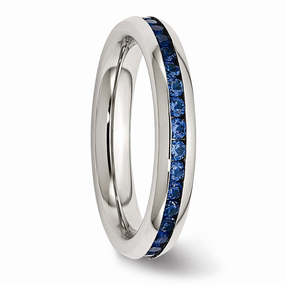 Alternate view of the 4mm Stainless Steel And Blue Cubic Zirconia Stackable Band by The Black Bow Jewelry Co.