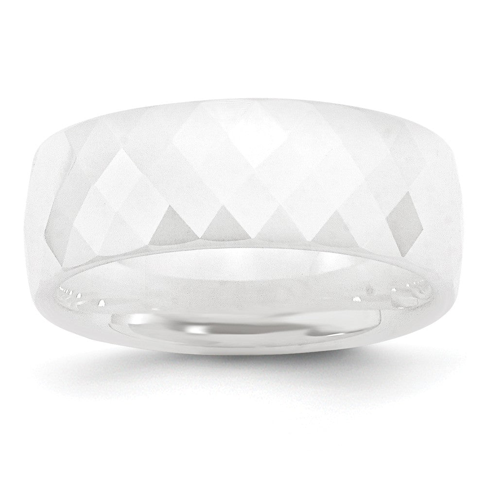 White Ceramic, 8mm Faceted Comfort Fit Band, Item R9858 by The Black Bow Jewelry Co.