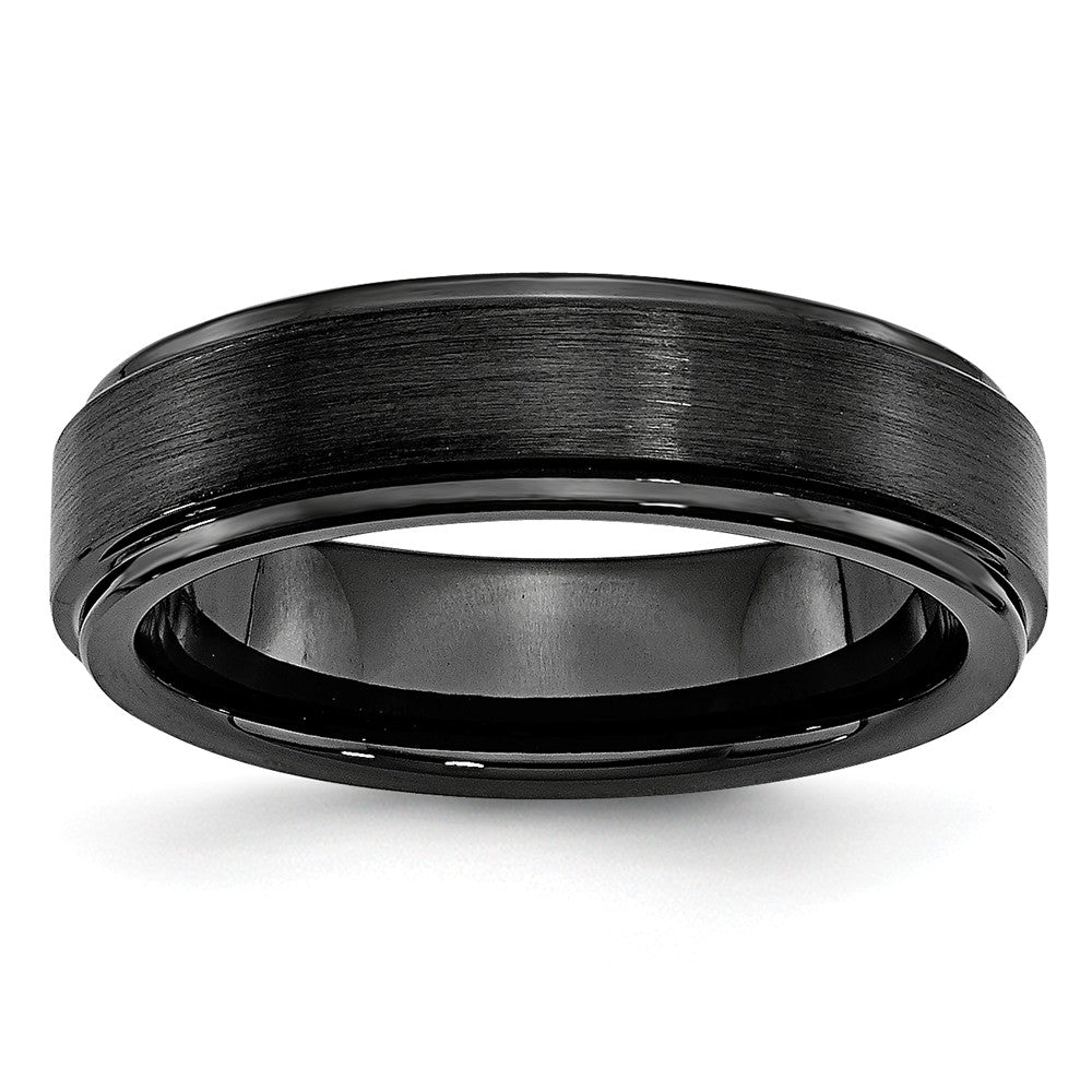 Black Ceramic, 6mm Ridged Edge Comfort Fit Band, Item R9867 by The Black Bow Jewelry Co.