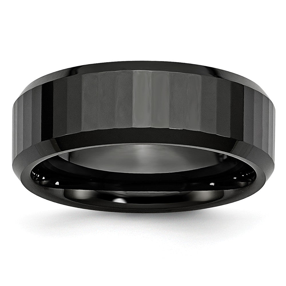 Black Ceramic, 8mm Beveled Edge And Faceted Comfort Fit Band, Item R9870 by The Black Bow Jewelry Co.