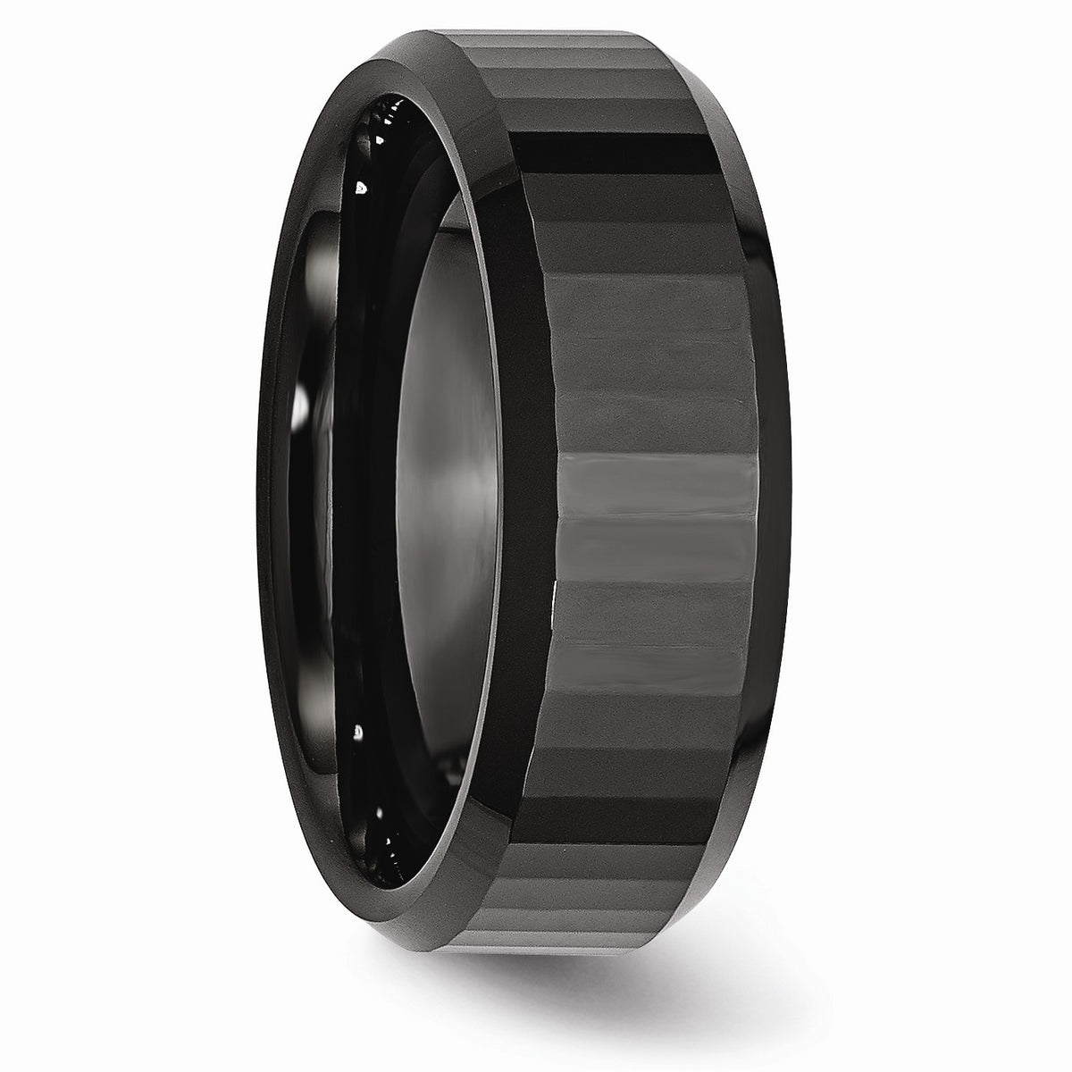 Alternate view of the Black Ceramic, 8mm Beveled Edge And Faceted Comfort Fit Band by The Black Bow Jewelry Co.