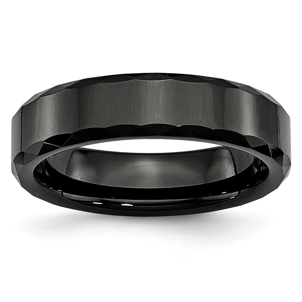 Black Ceramic, 6mm Faceted Edge Comfort Fit Band, Item R9872 by The Black Bow Jewelry Co.
