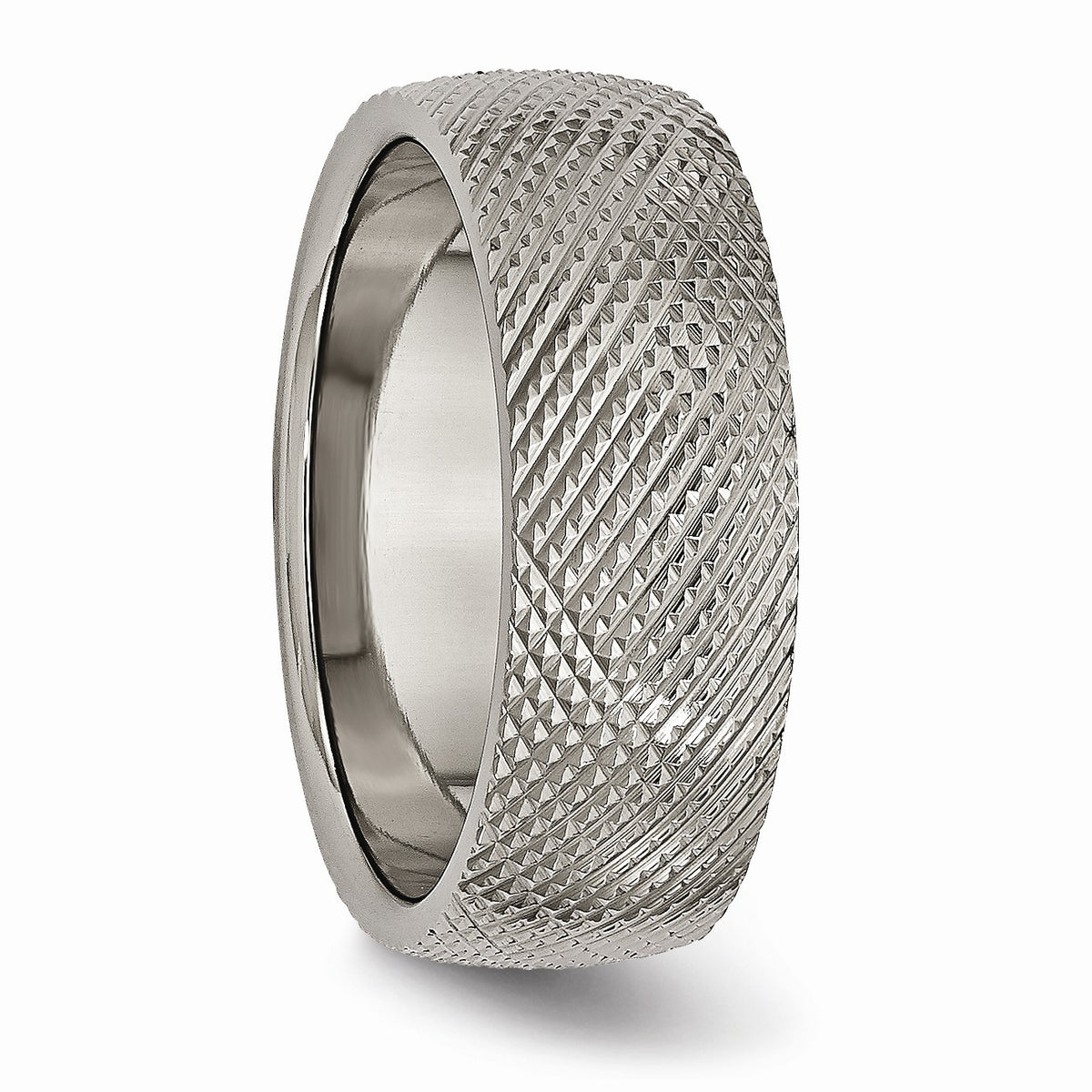 Alternate view of the Titanium 8mm Crisscross Textured Standard Fit Band by The Black Bow Jewelry Co.