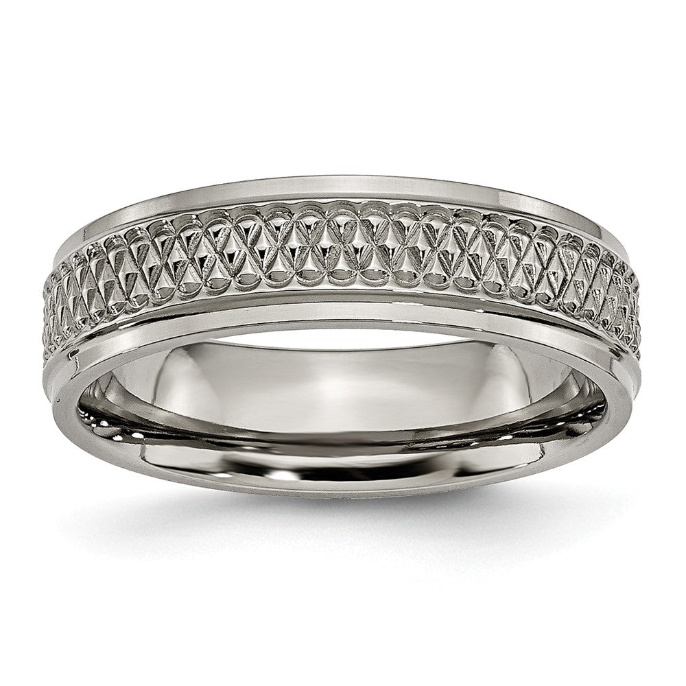 Titanium 6mm Ridged Edge And Weave Design Comfort Fit Band, Item R9889 by The Black Bow Jewelry Co.