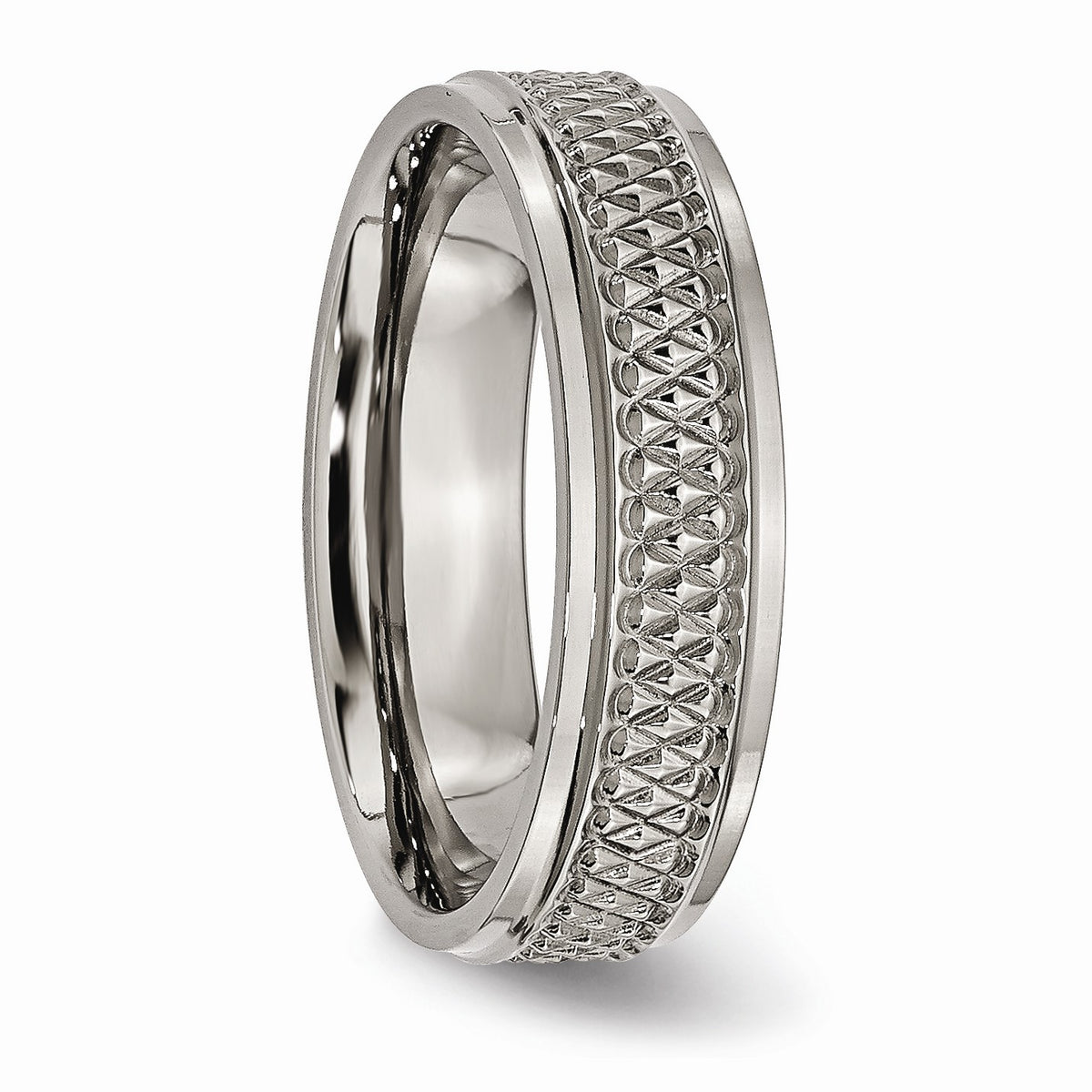 Alternate view of the Titanium 6mm Ridged Edge And Weave Design Comfort Fit Band by The Black Bow Jewelry Co.
