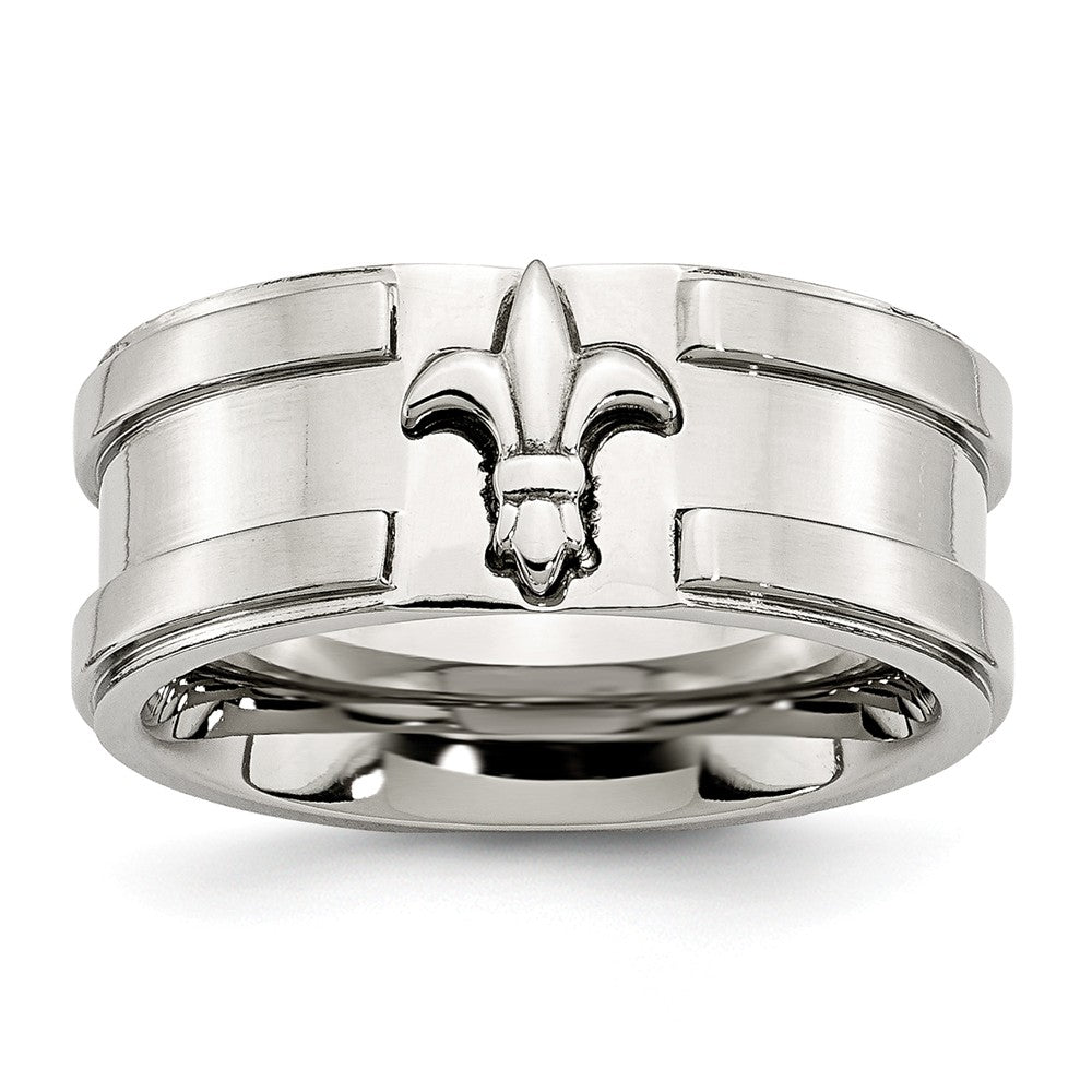 Stainless Steel Fleur-de-lis 10mm Comfort Fit Band, Item R9899 by The Black Bow Jewelry Co.